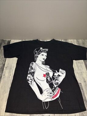 Fatal Black Graphic Pin-Up Tattoo Art T-Shirt with Red Accent